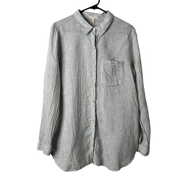 Eileen Fisher Tops - Eileen Fisher Striped Linen Crinkle Shirt Pearl Medium Classic Collar